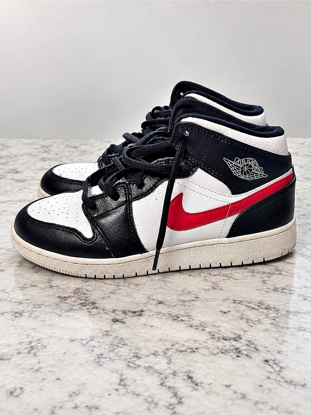 Air Jordan 1 Mid Multicolor Swoosh Black White Sneakers Size 7Y